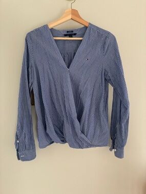 Tommy Hilfiger Navy and White Striped Wrap-Front Blouse